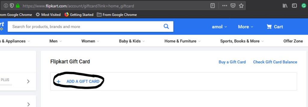 Add gift card on flipkart website