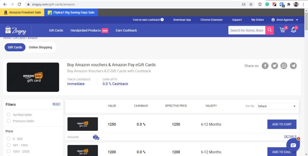 buying amazon.in gift cards on zingoy.com