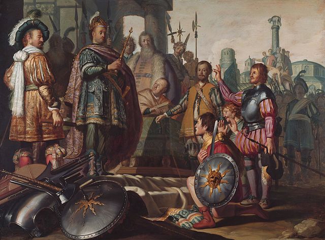 historical painting showing men and warriors